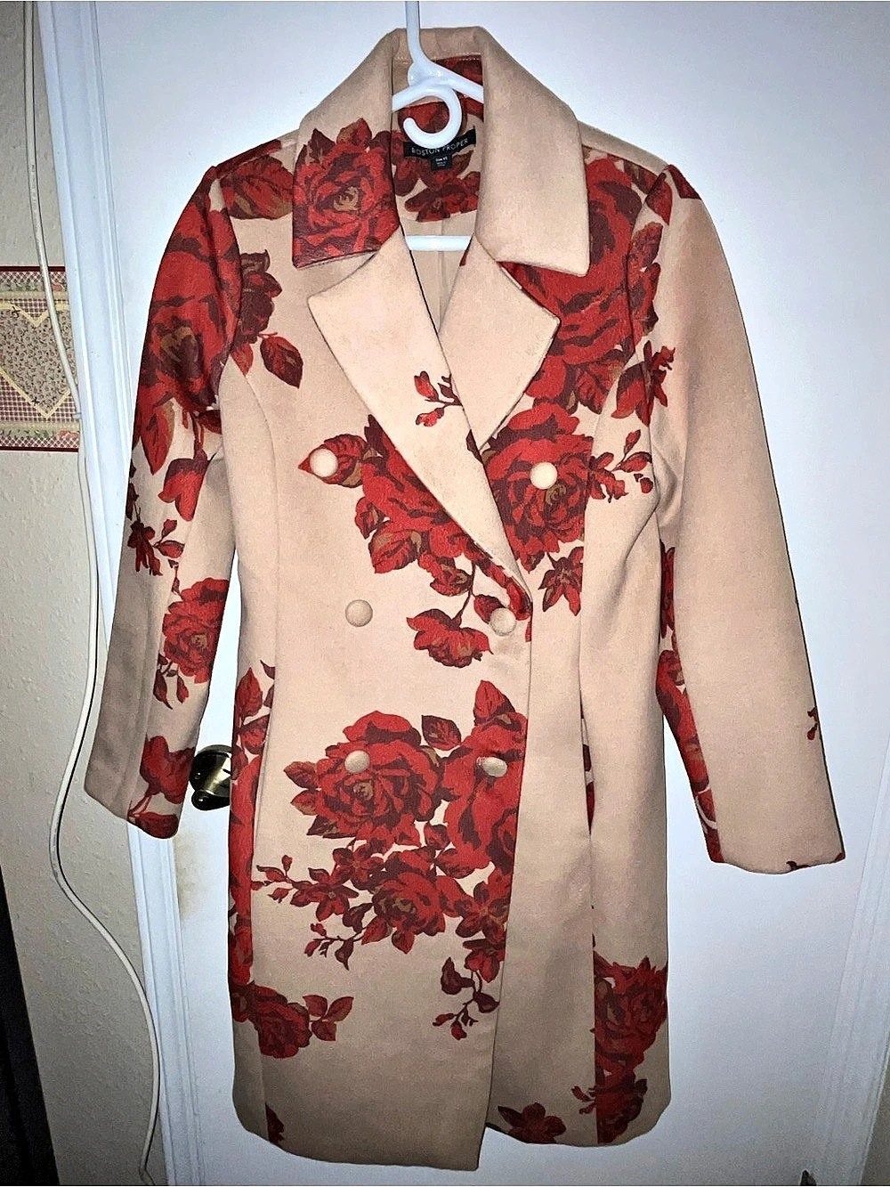 Boston Proper Rose Jacquard Coat Floral Beige & Red XS